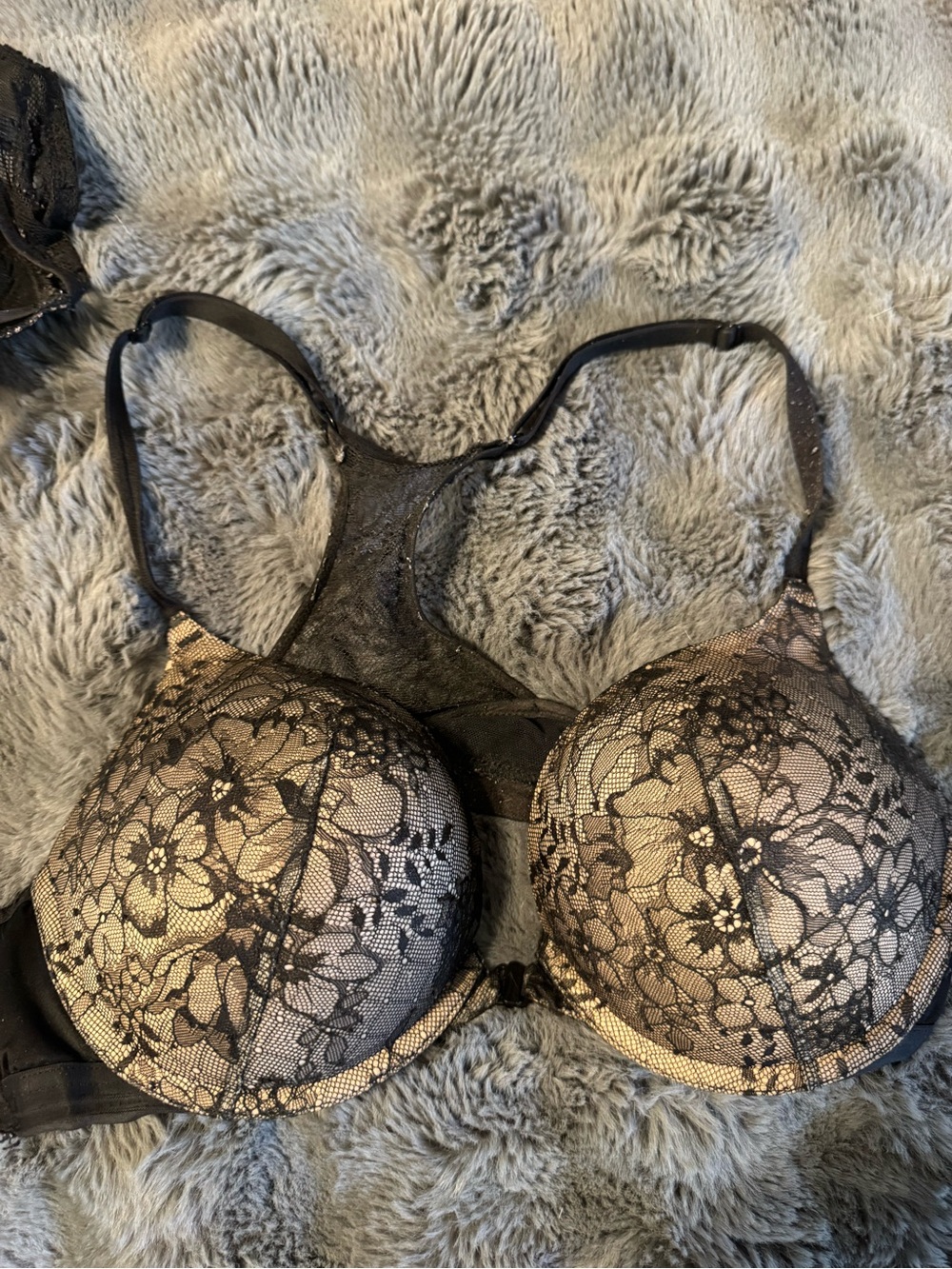 Victoria's Secret Black Lace Bra with Nude Underlay